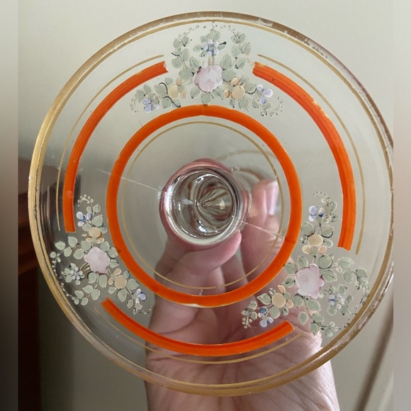 Vintage Set of 2 Candlesticks Clear w/ Hand painted Orange, Gold & Flowers - Picture 8 of 16